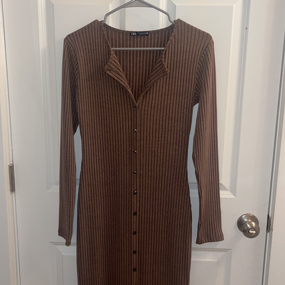 Brown Long Sleeve Ribbed Sweater Dress